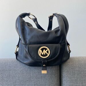 Michael Kors Black Leather Shoulder Bag with Gold Accents